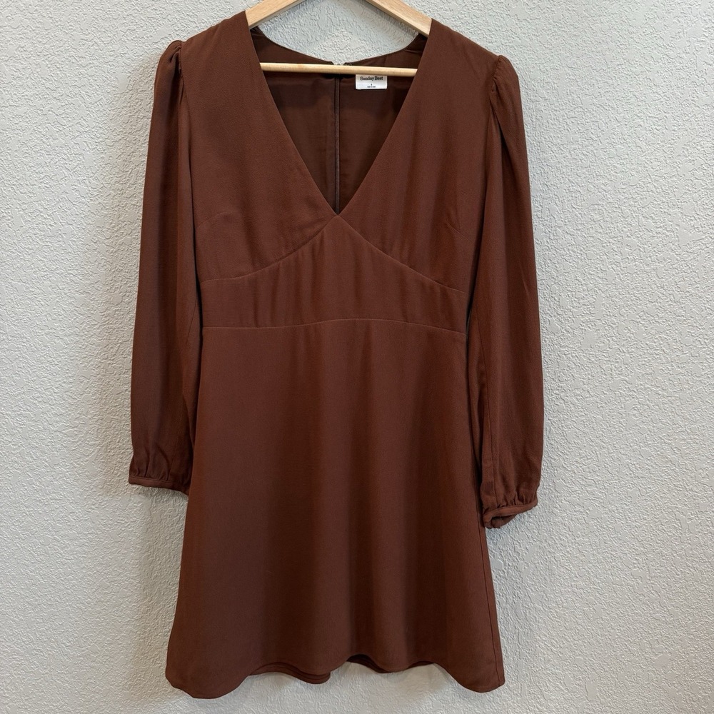 Aritzia SUNDAY BEST Grayson Dress Cognac Brown 4 Long Sleeve Mini Dress